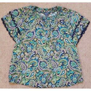 Democracy Women's Boho Top Blouse Split Neck Crochet Ruffles Paisley Size M
